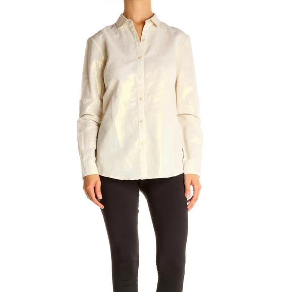 J. McLaughlin Button Up Cream w/ Gold Metallic Long Sleeve Collared Shirt Sz XL - Picture 2 of 16